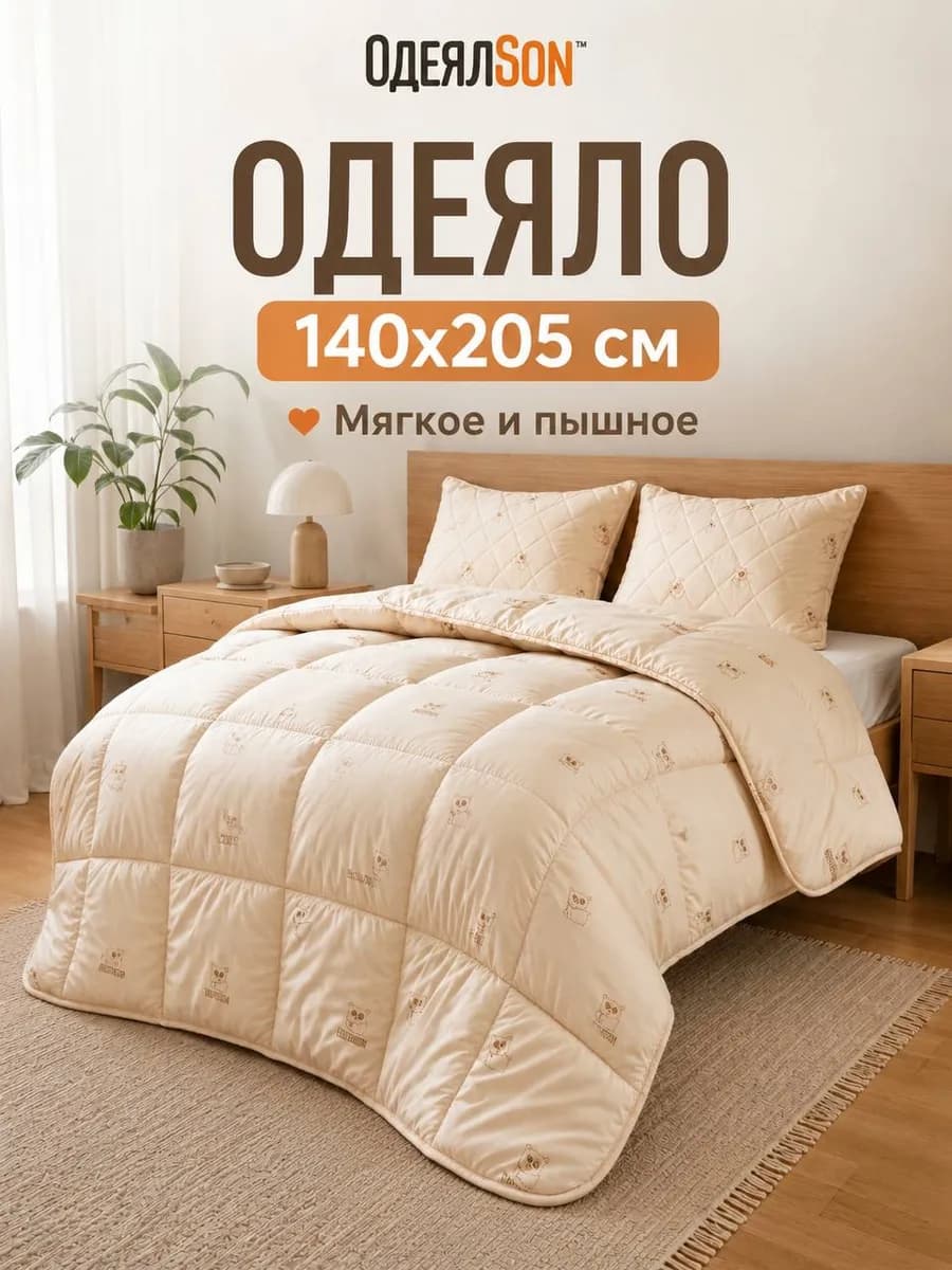 Одеяло 1,5 спальное 140х205 Кот бежевый