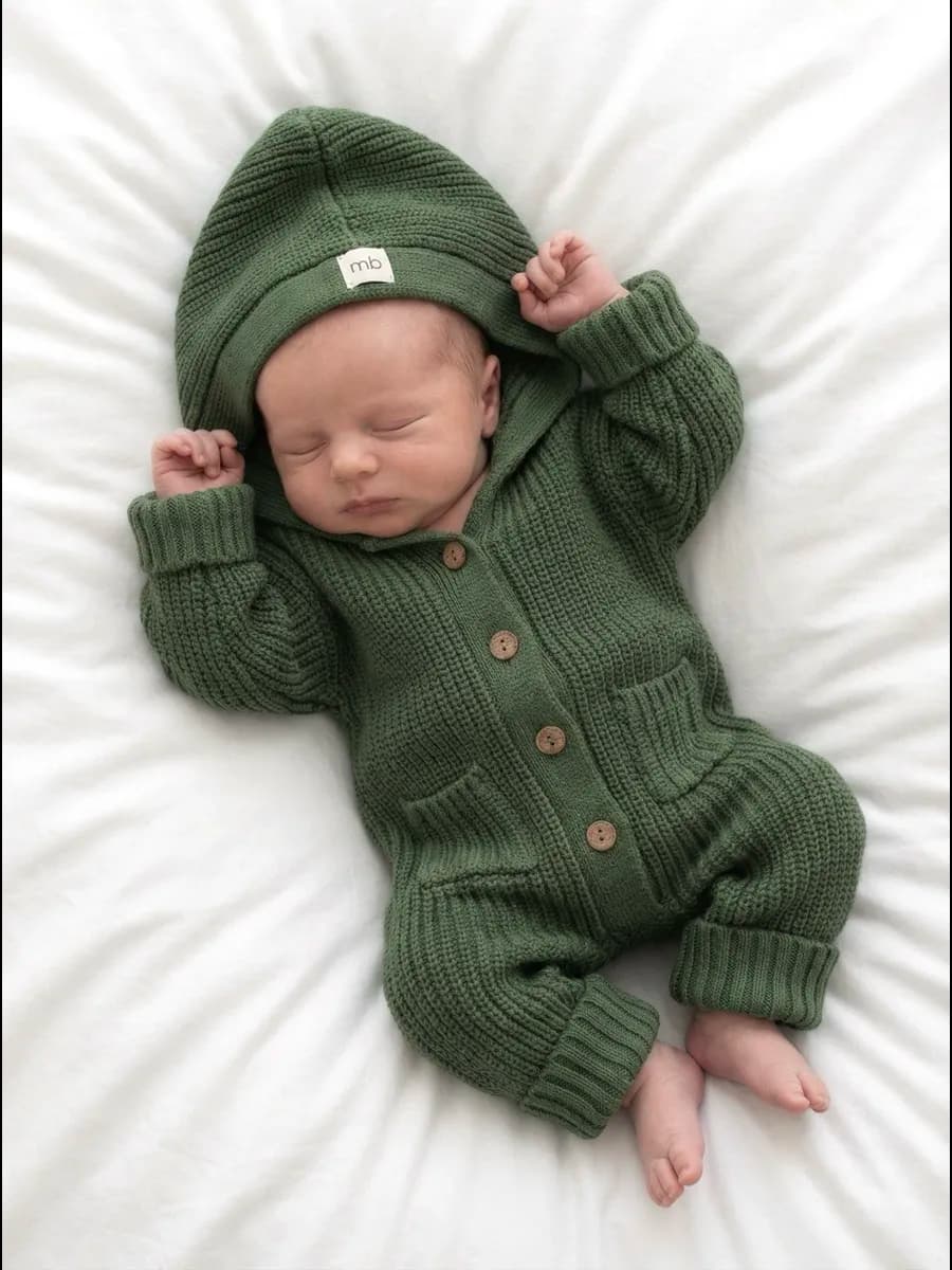 Комбинезон для новорожденного вязаный с капюшоном на выписку