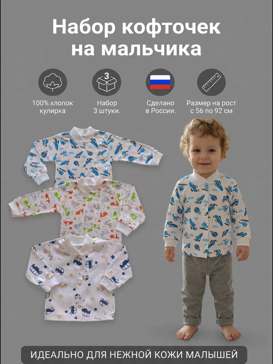 Кофточки с длинным рукавом для малышей из кулирки 3 шт
