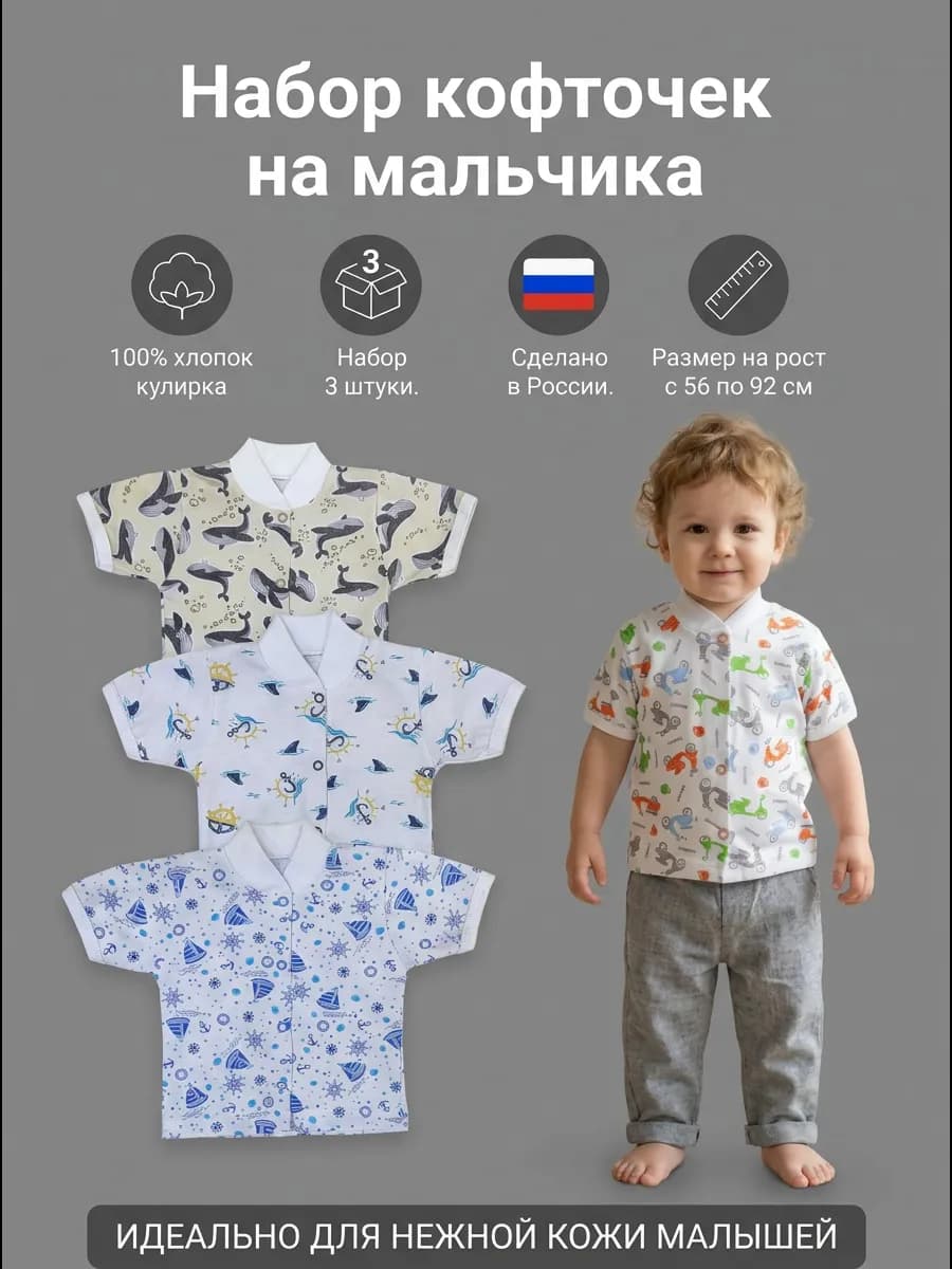 Кофточки с коротким рукавом для малышей из кулирки, 3 шт