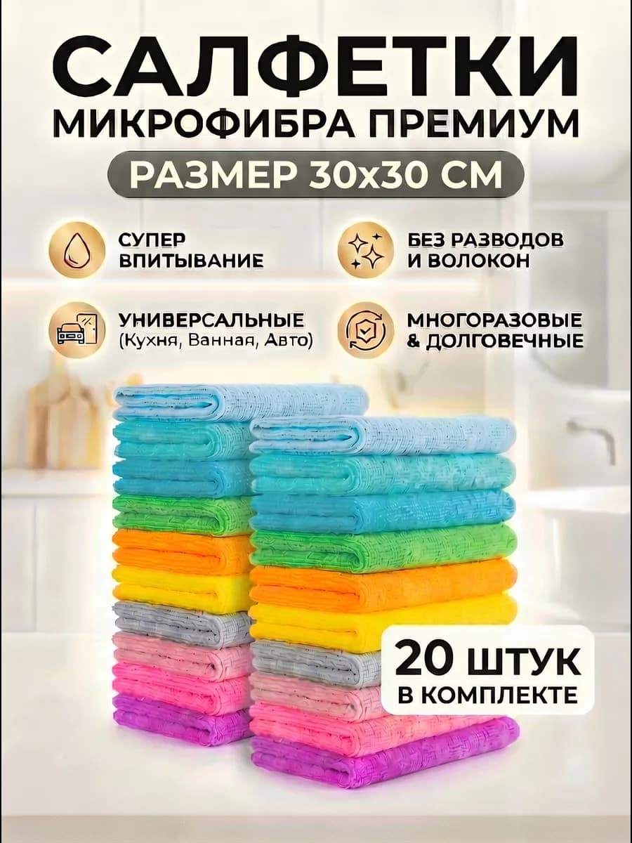 Салфетки для уборки из микрофибры 20 штук 30х30 см