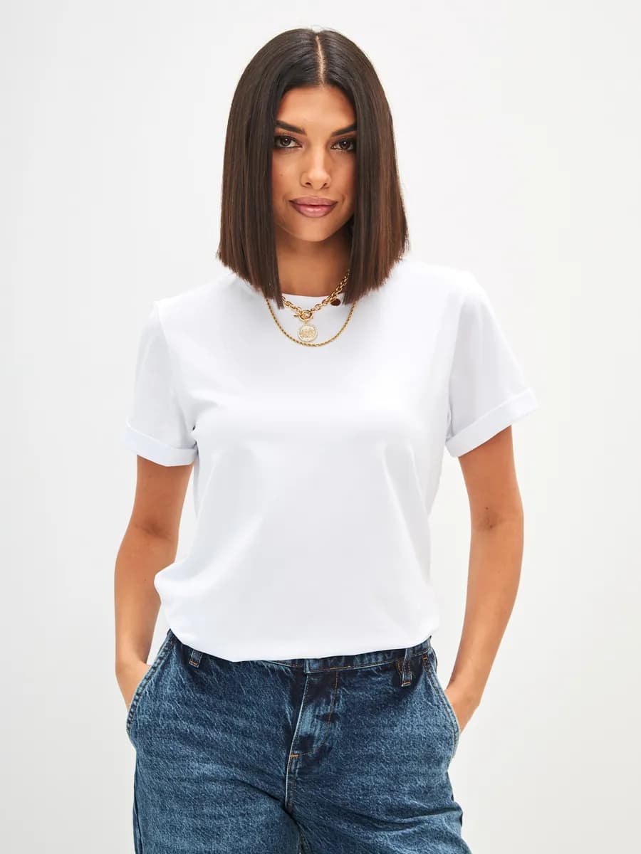 Футболка белая однотонная хлопок рукав с подворотом