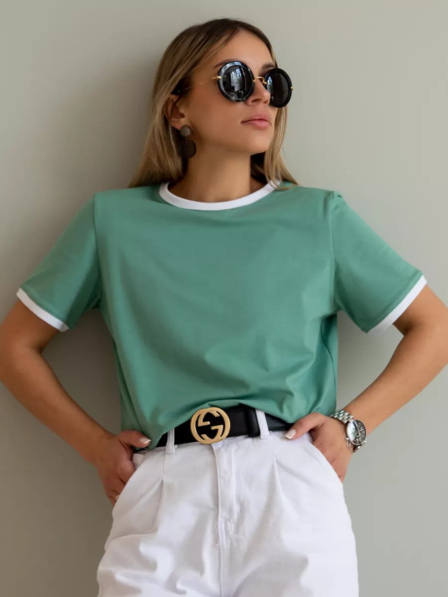 Футболка женская однотонная хлопок оверсайз под пиджак олива