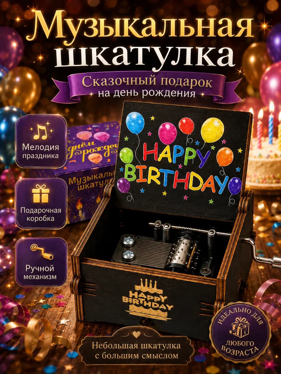 Музыкальная шкатулка деревянная Happy Birthday. Аксессуары