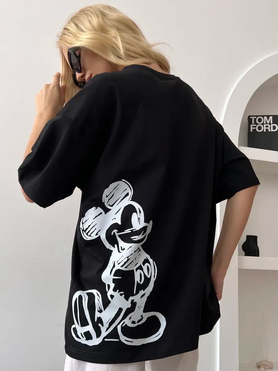 Футболка оверсайз с принтом удлиненная хлопок черная