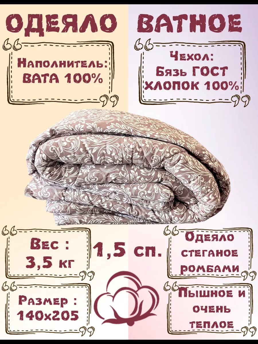 Одеяло 1.5 зимнее ватное