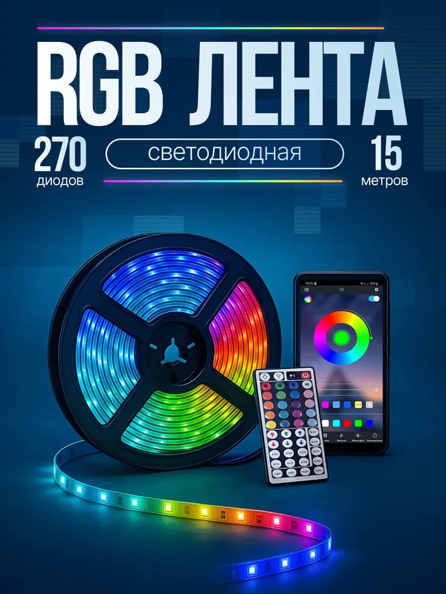 Светодиодная led лента с пультом rgb подсветка 15м цветная