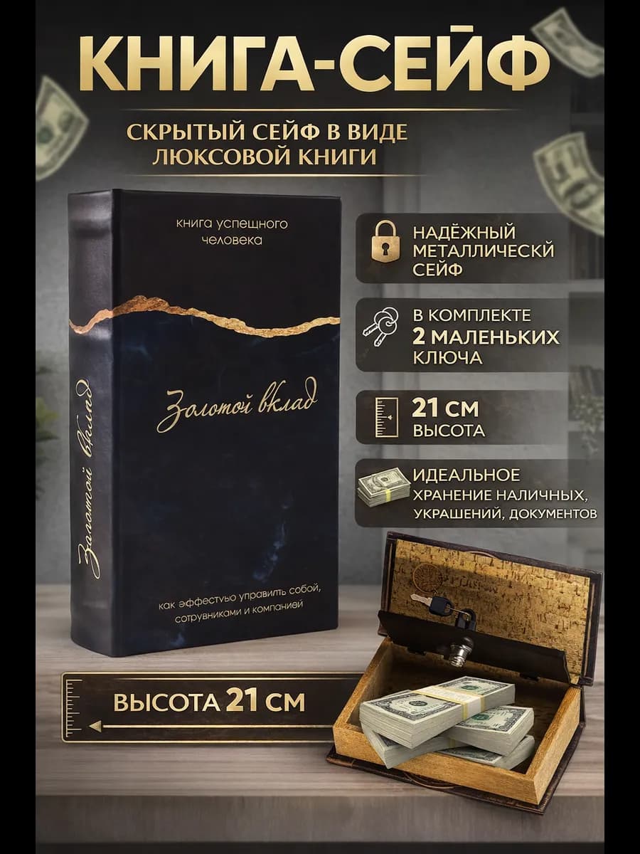 Шкатулка сейф-книга "Золотой вклад" 21х13х5 см