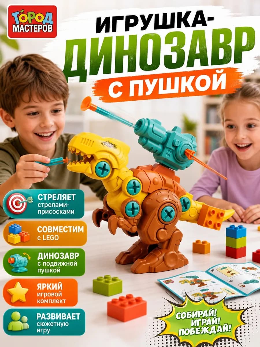 Конструктор динозавр пластиковый с отверткой детский блочный
