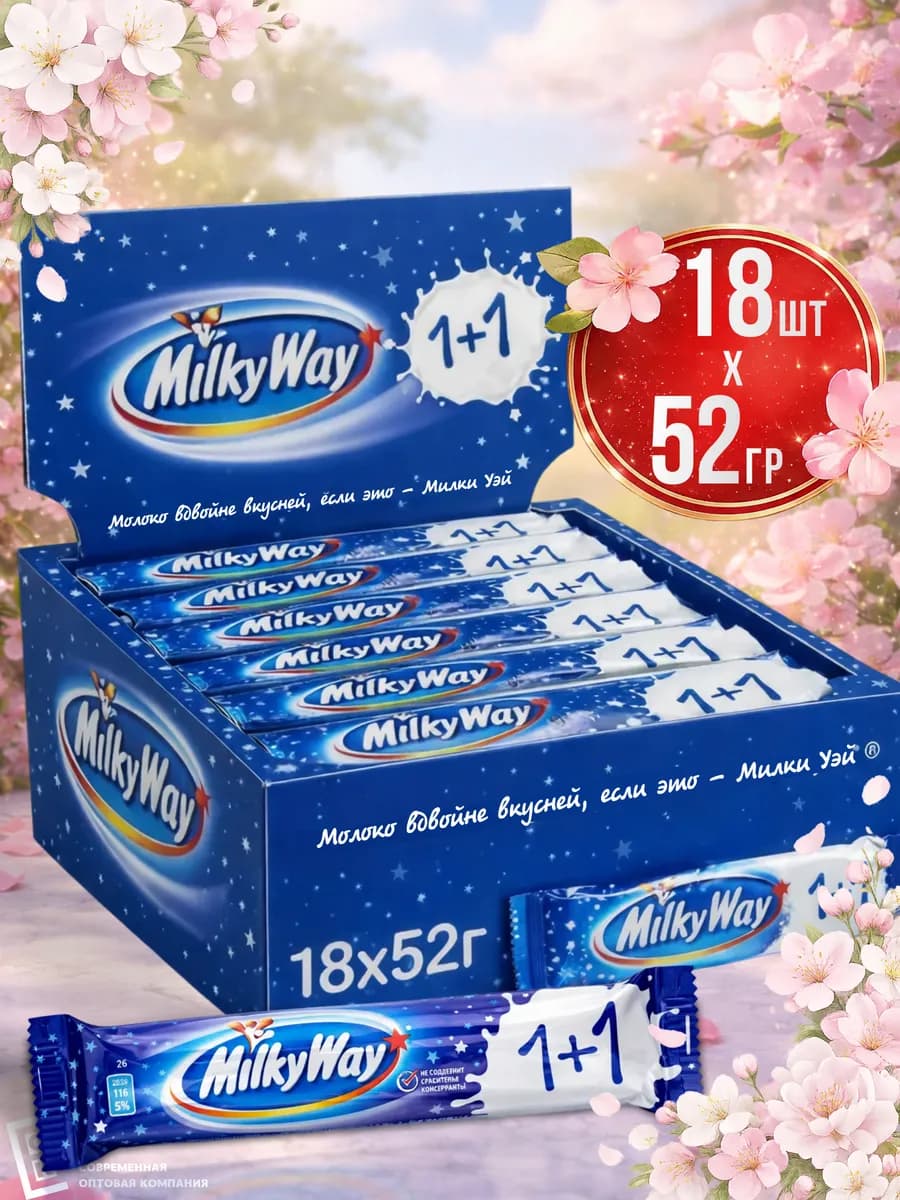 Шоколадный батончик Милки Вей 1+1 52гр, 18шт уп