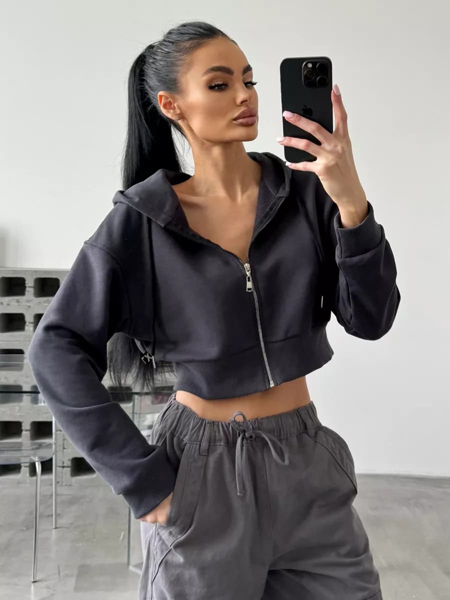 Толстовка укороченная на молнии с капюшоном