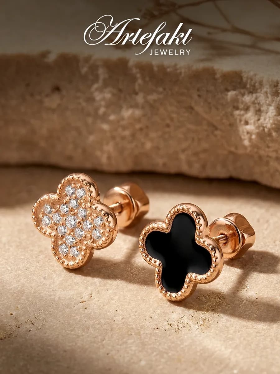 Серьги золотые гвоздики серебро 925 клевер