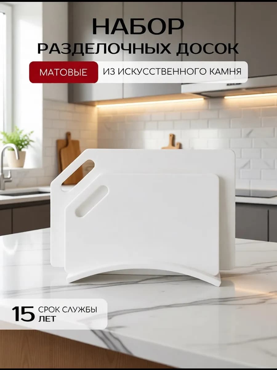 Каменная разделочная доска матовая на подставке, набор 2 шт