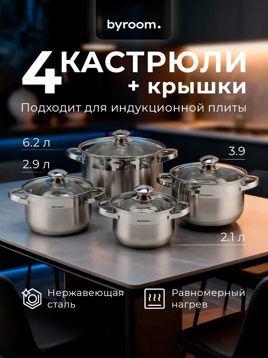 Набор кастрюль из нержавеющей стали с крышками 4 шт