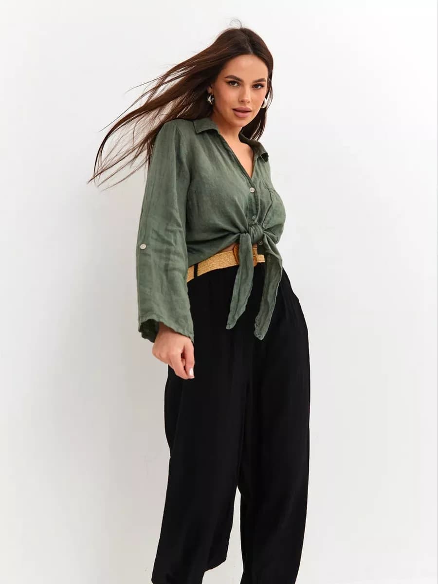 Рубашка оверсайз льняная хаки - фото 1