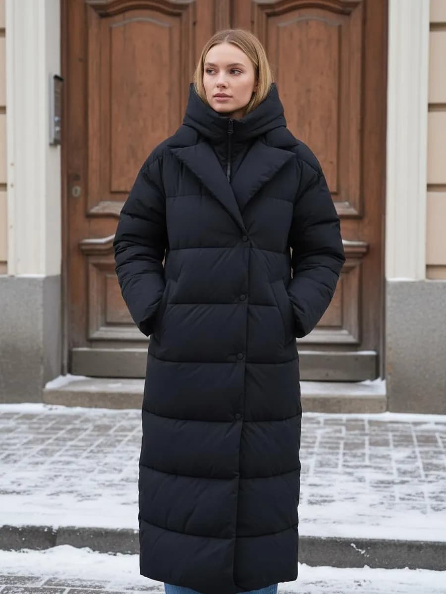 Пуховик зимний длинный с поясом куртка