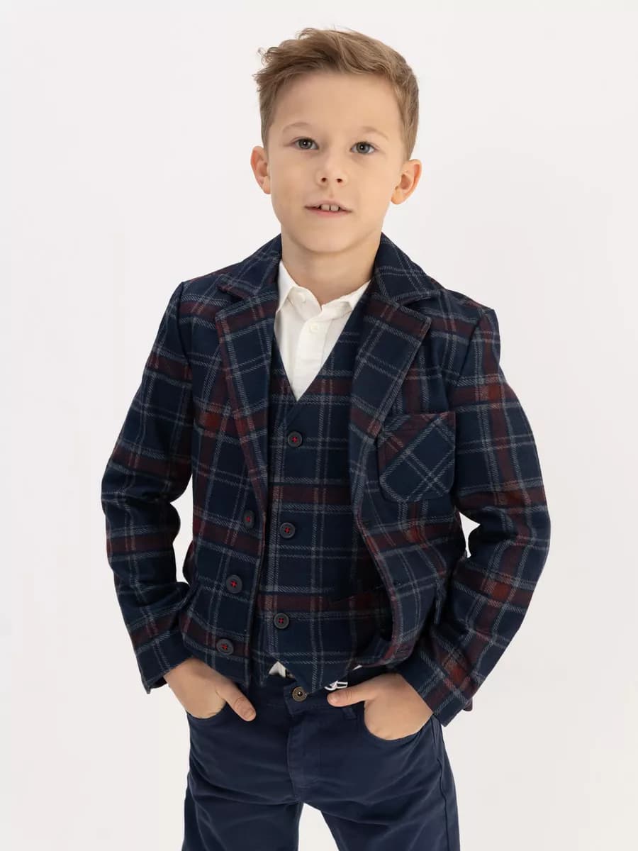 Пиджак для мальчика школьный темно-синий в клетку
