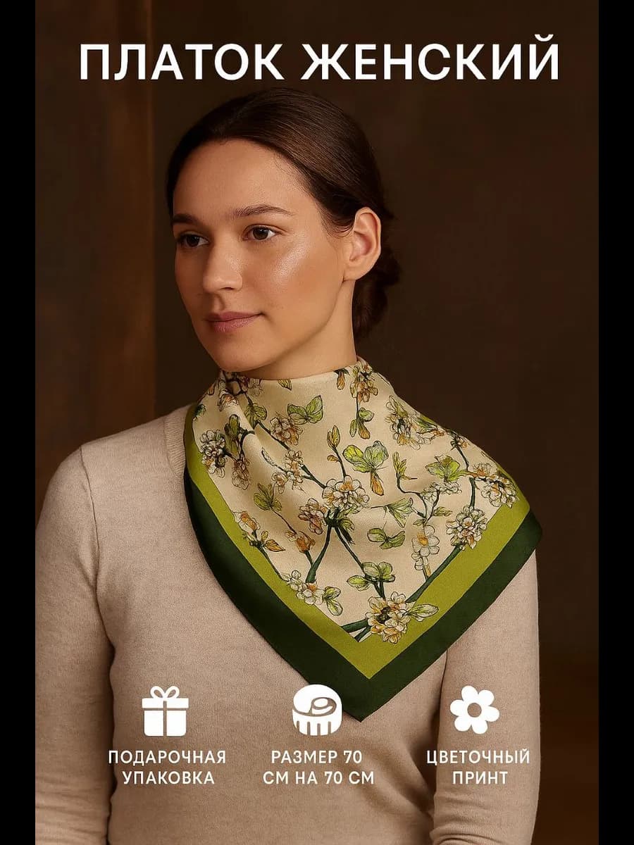 Платок шелковый на голову и шею с подарочной упаковкой