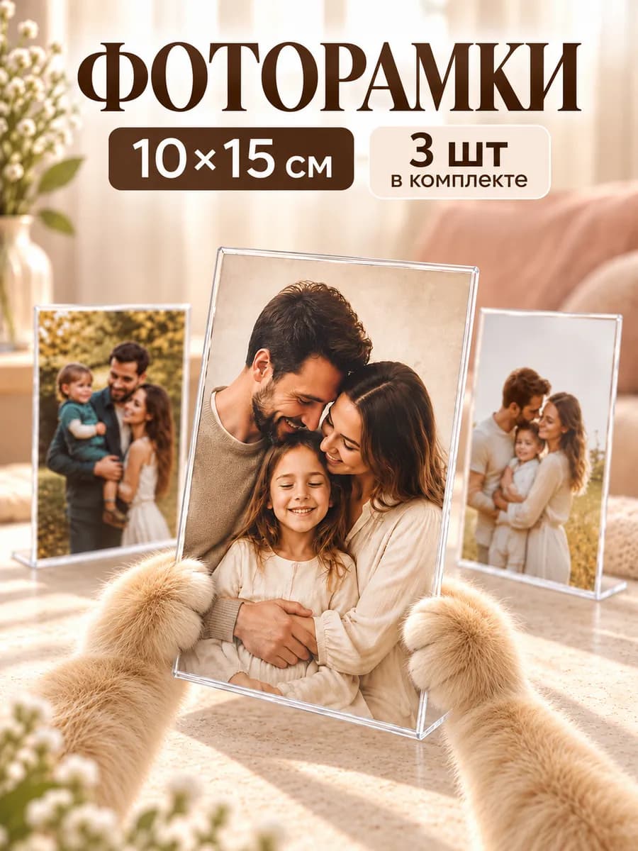 Фоторамка настольная прозрачная, 10х15см, 3шт