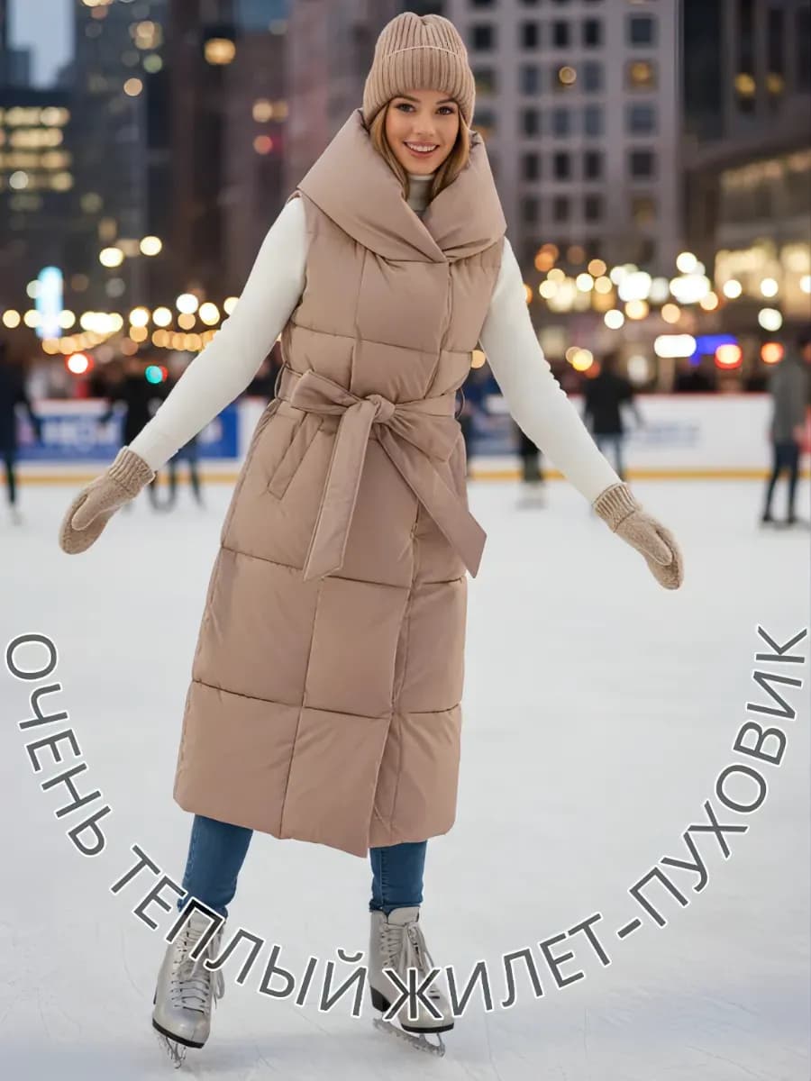 Жилет теплый длинный с капюшоном