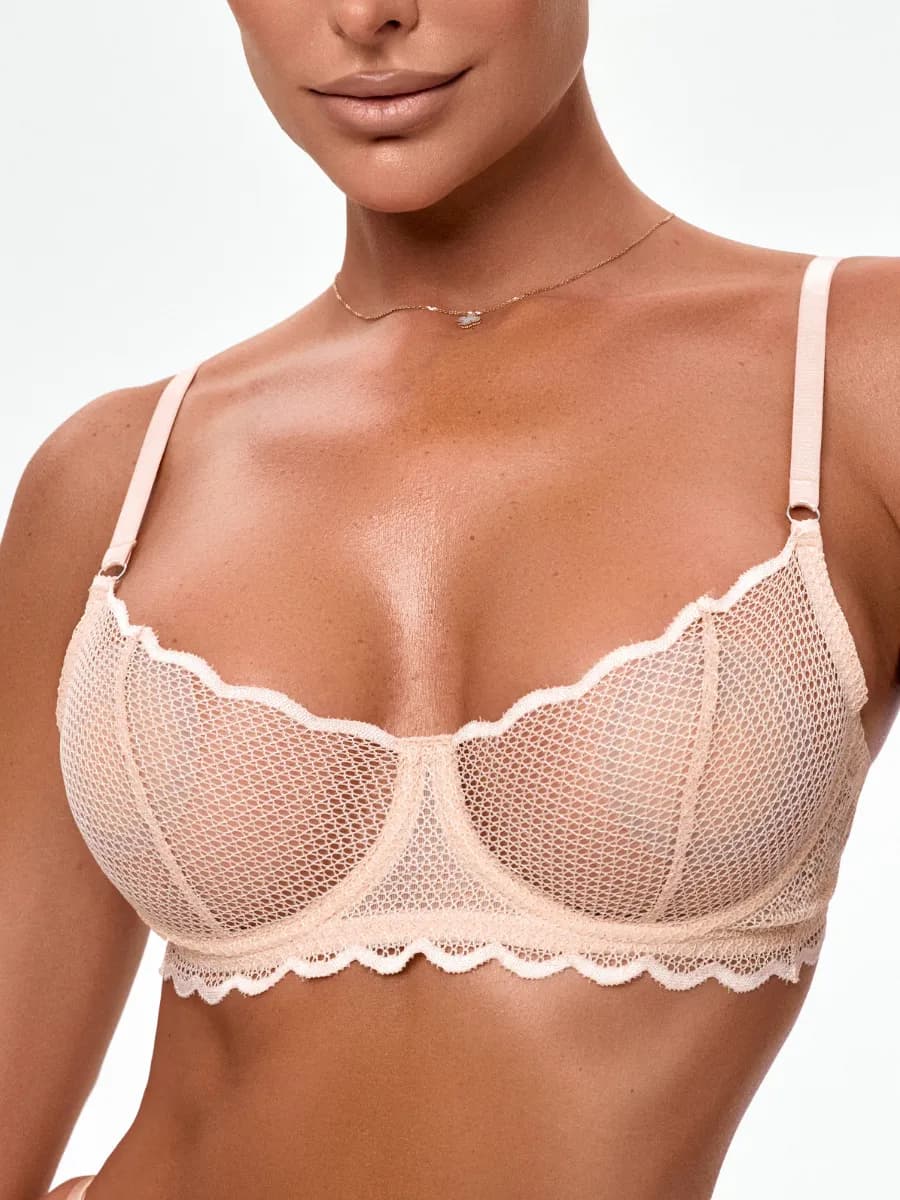 Бюстгальтер бежевый кружевной без поролона без пушап сетка
