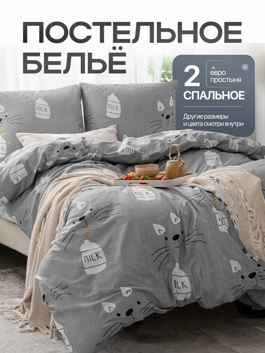 Постельное белье 2 спальное с европростыней с принтом