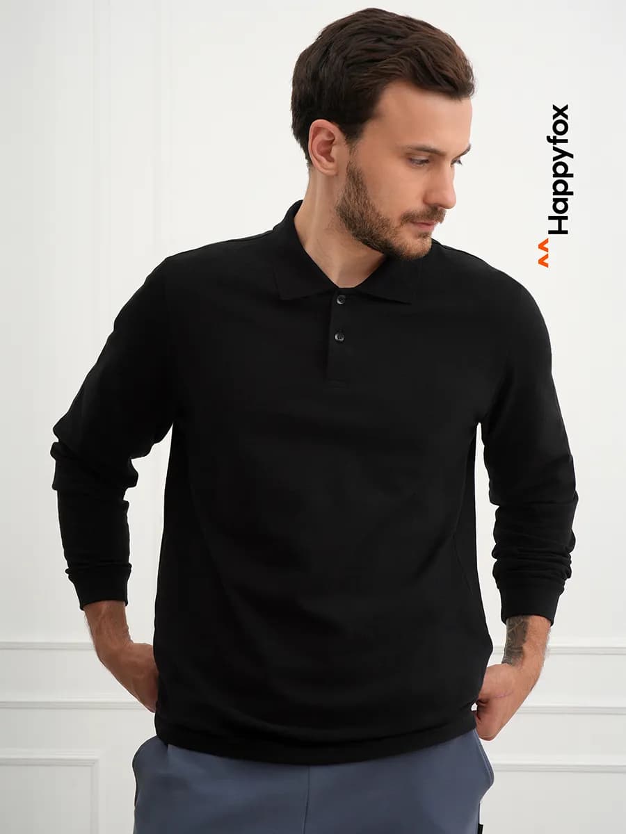 Лонгслив поло с длинным рукавом из пике хлопковый