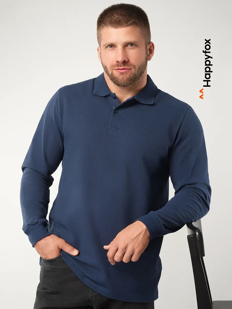 Лонгслив поло с длинным рукавом из пике хлопковый - фото 1