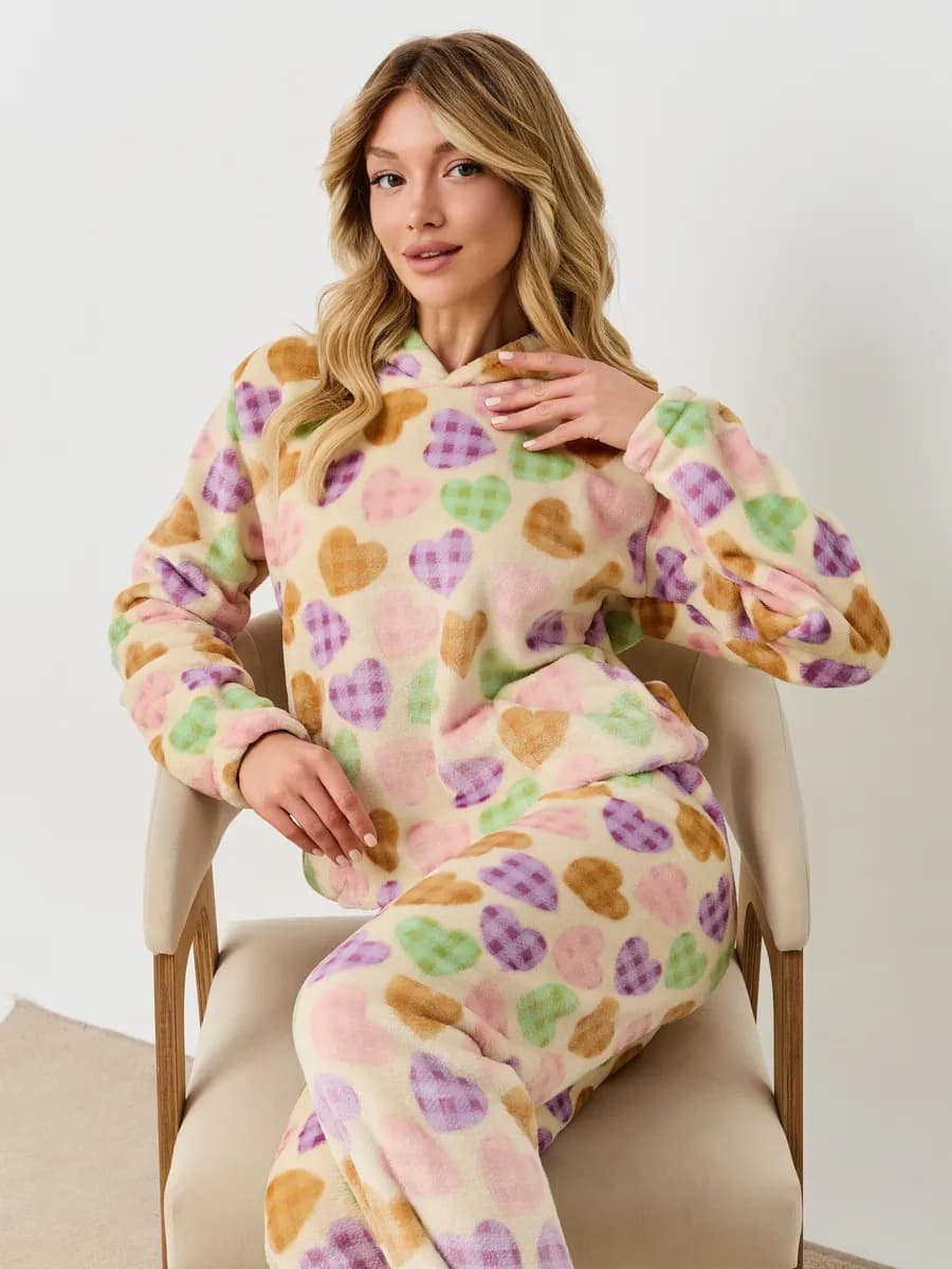 Пижама со штанами теплая домашняя с капюшоном