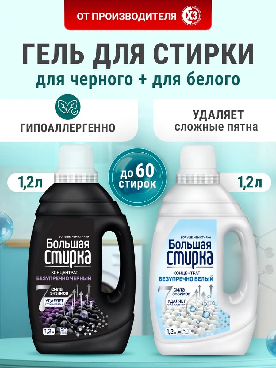 Набор гелей-концентратов для стирки белья 1.2л 2шт