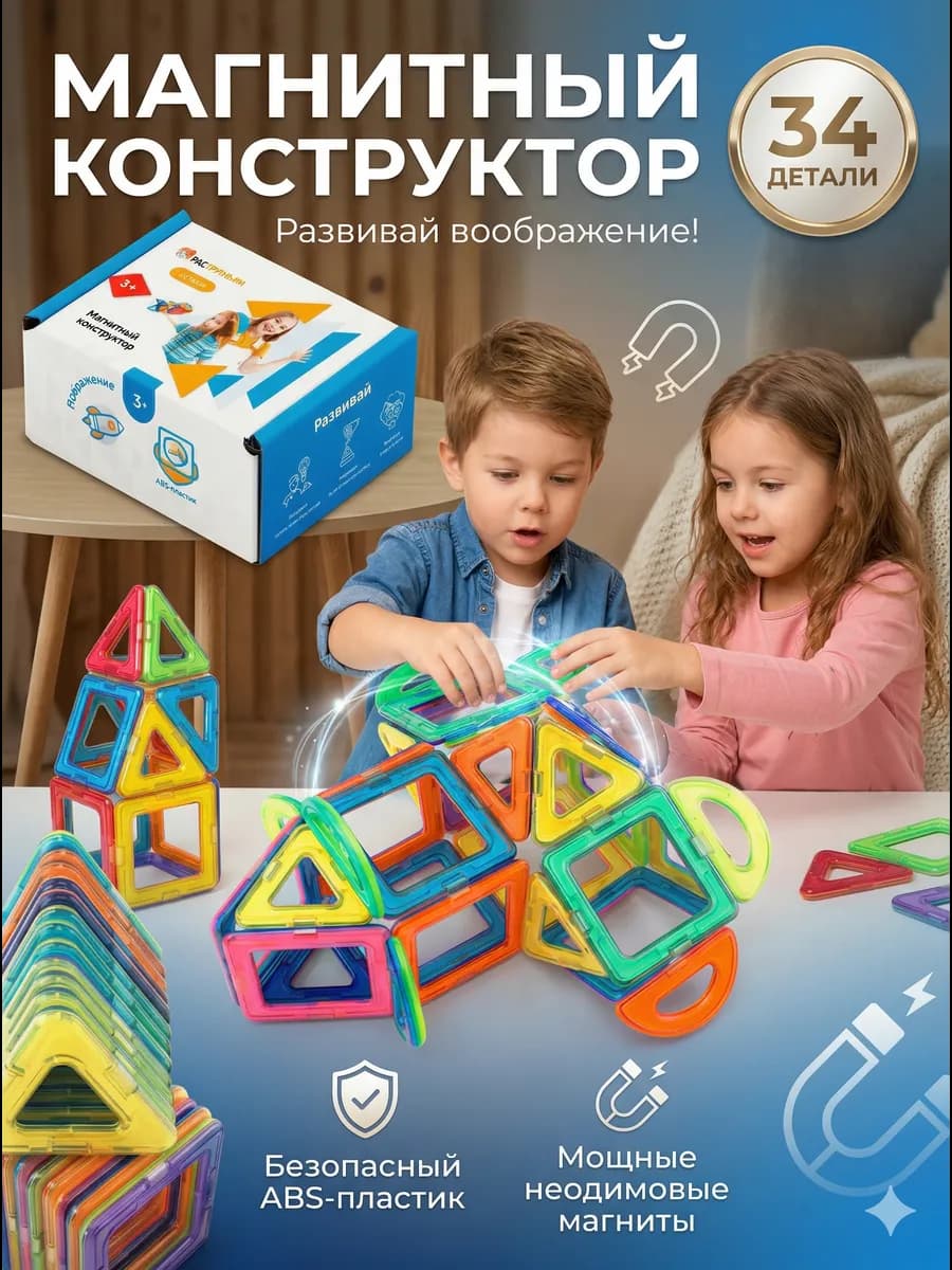 Магнитный конструктор развивающий пластиковый 34 детали