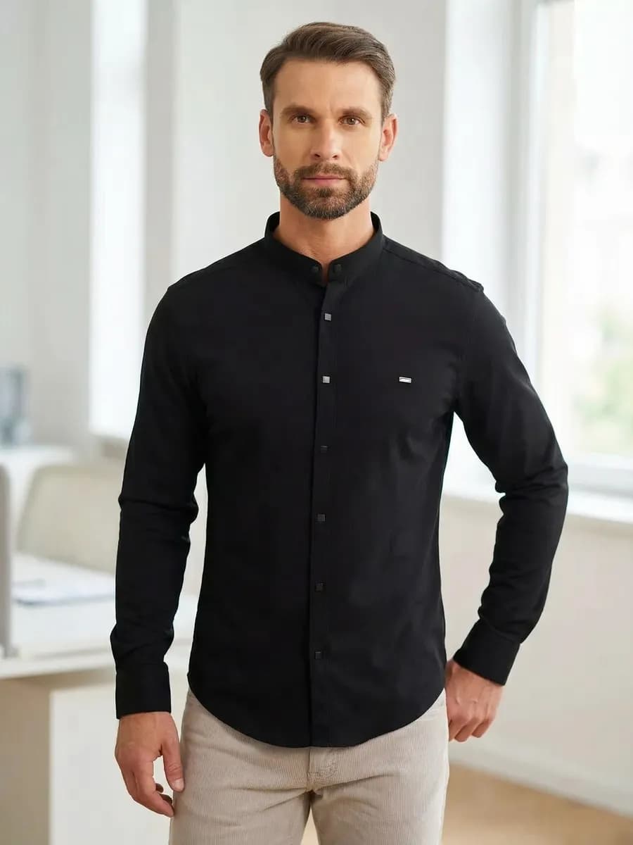 Рубашка с длинным рукавом приталенная стойка