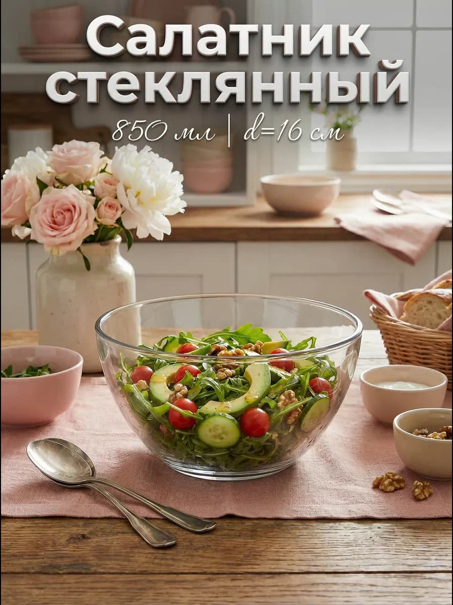 Салатник стеклянный прозрачный 850 мл, d=16 см