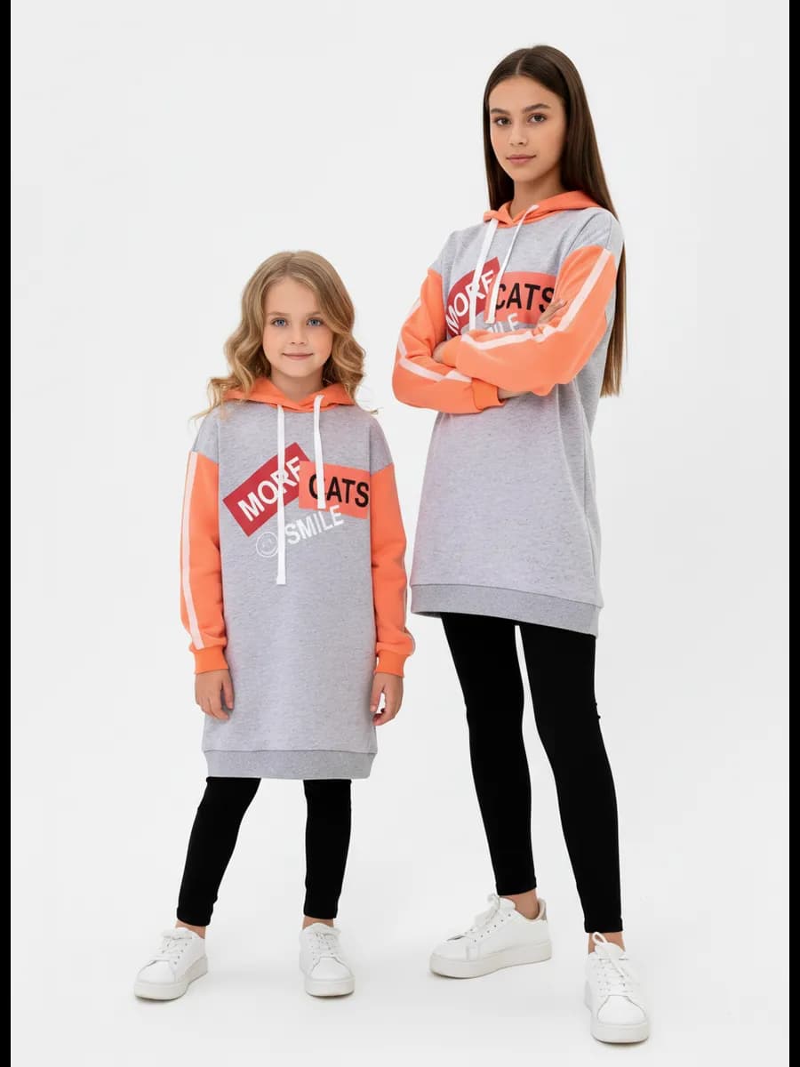 Удлинённая толстовка туника с капюшоном, хлопок с начёсом