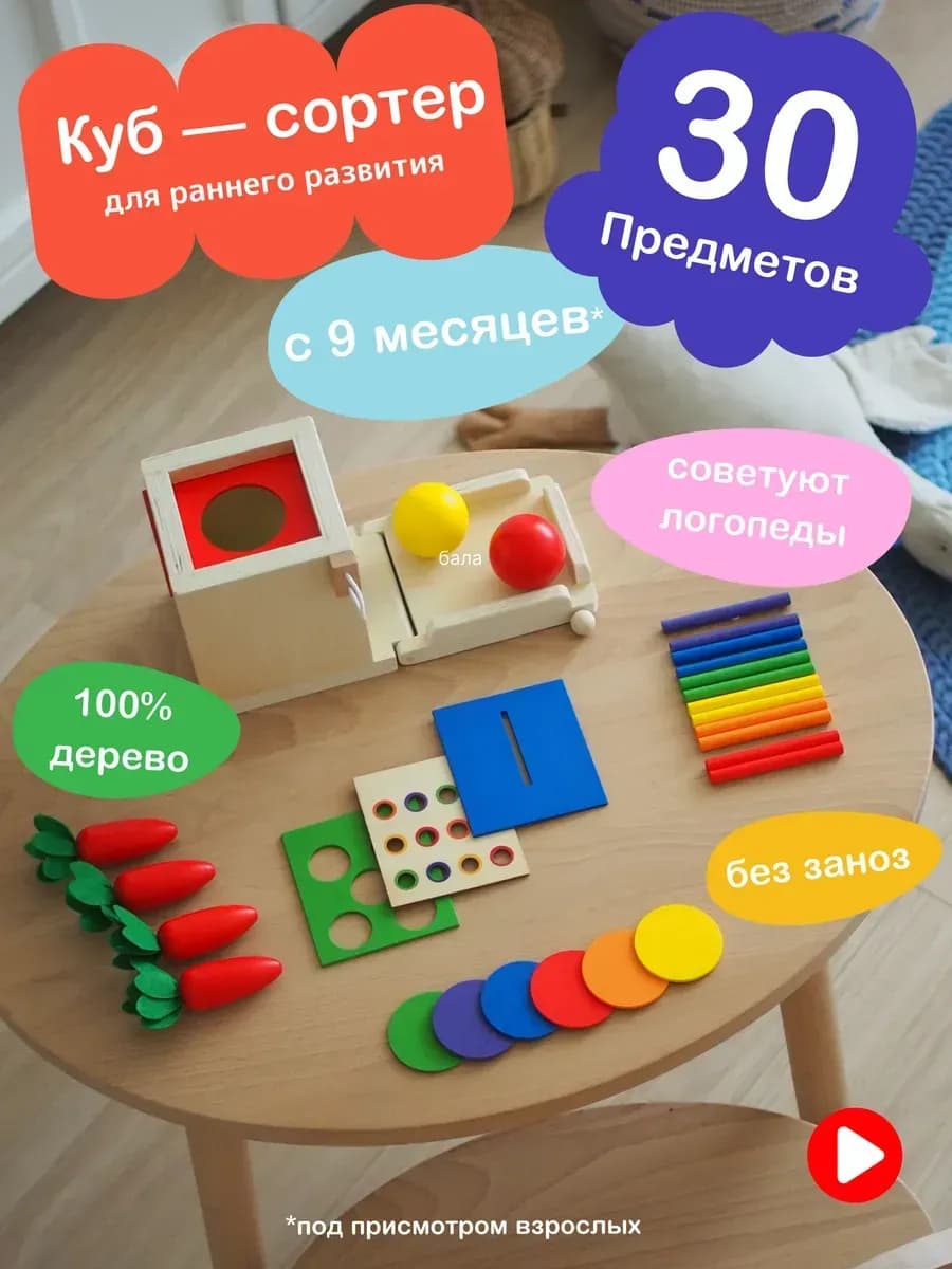 Сортер Монтессори куб 4 в 1 деревянный