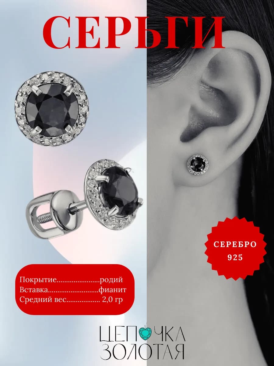 Серьги серебро 925 пусеты с черными фианитами