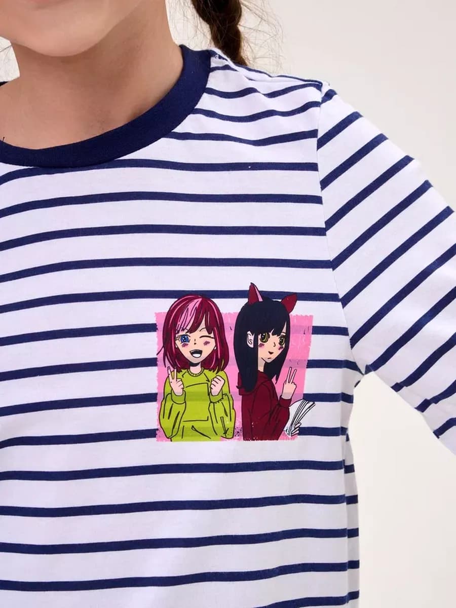 Лонгслив тельняшка для девочки, белый в синюю полоску, аниме