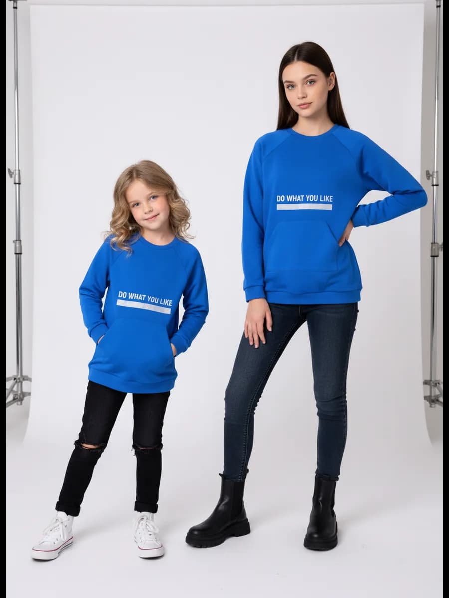 Удлинённый свитшот для девочек синий карман-кенгуру