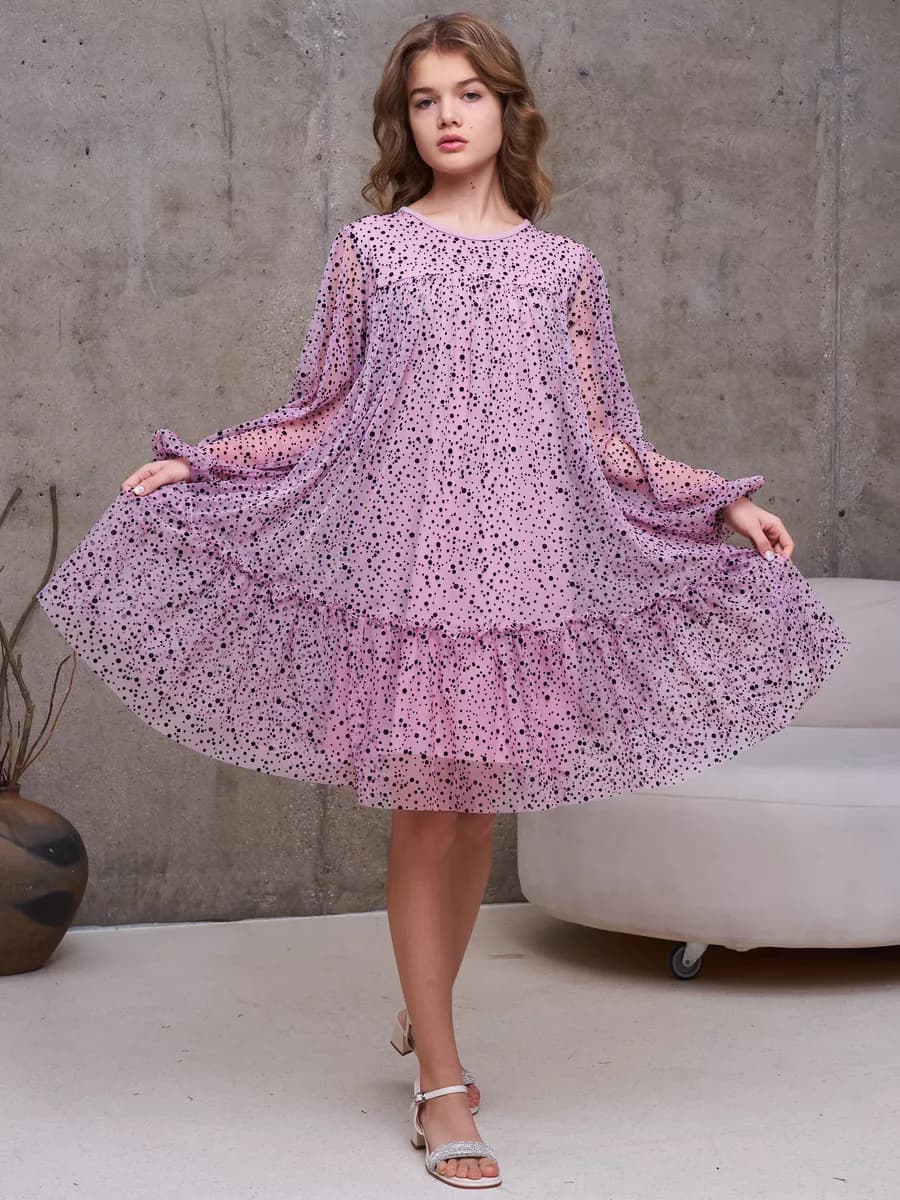 Платье нарядное вечернее в горошек с поясом