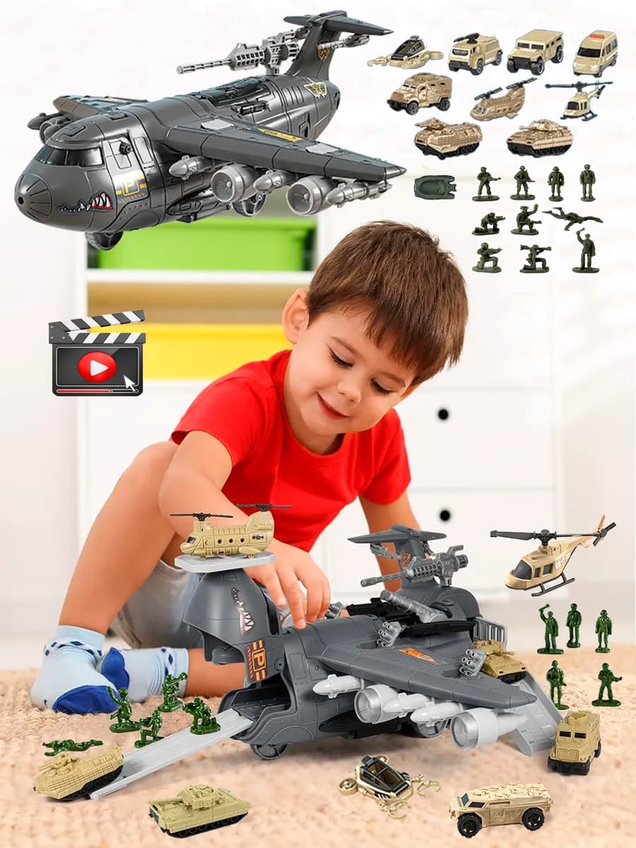 Самолет детский грузовой парковка с машинками и солдатиками - фото 1