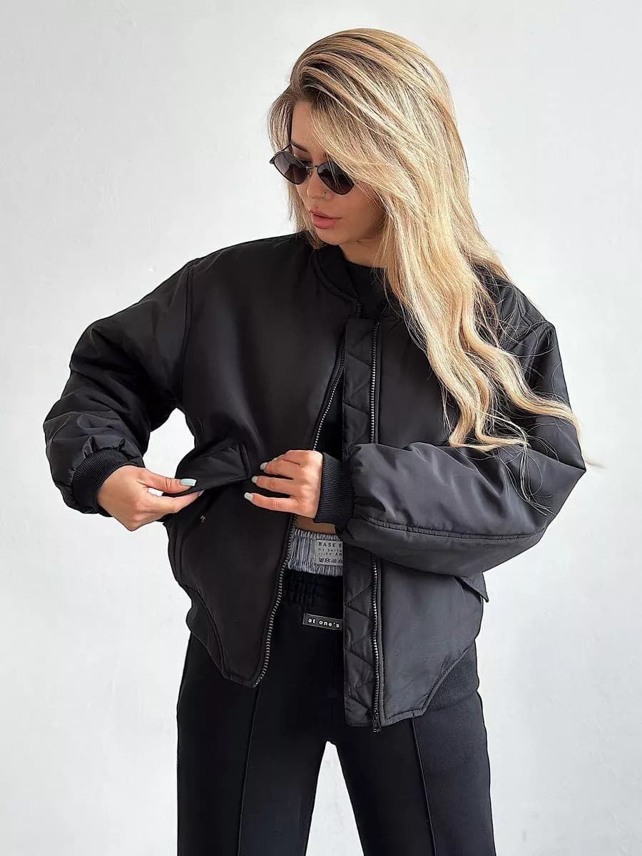 Бомбер весна-осень оверсайз утепленный на молнии базовый - фото 1