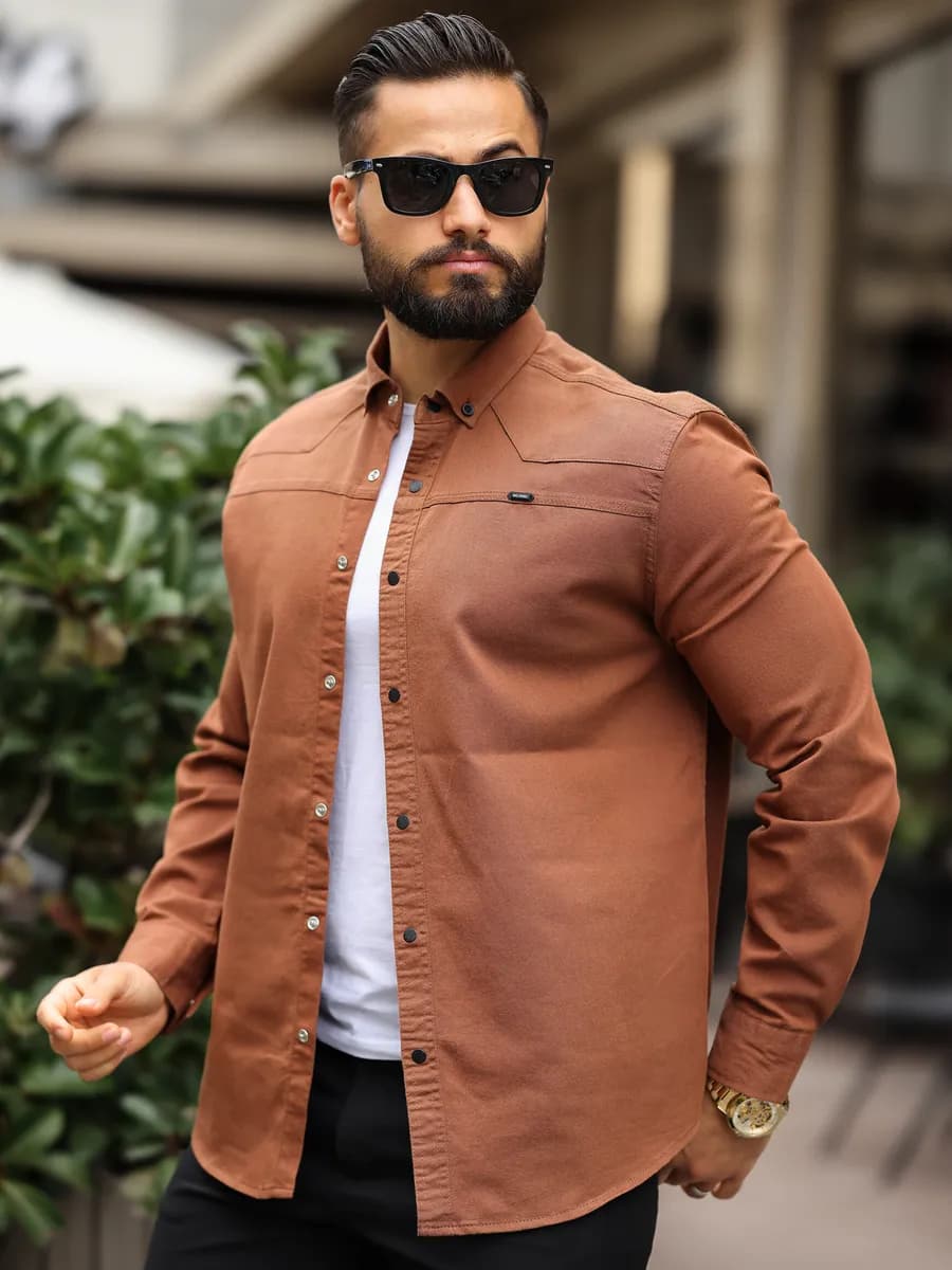 Рубашка с длинным рукавом на кнопках хлопок коричневая - фото 1