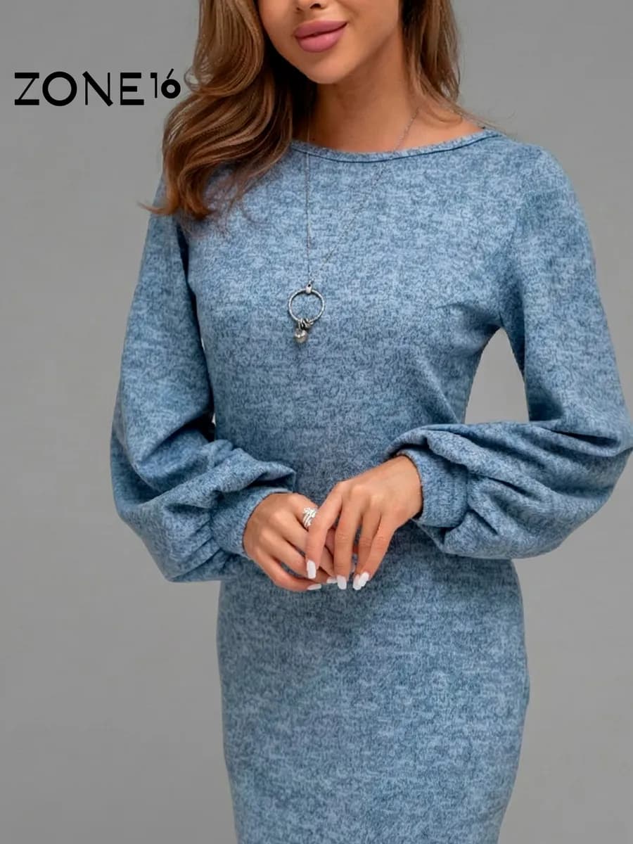 Платье миди трикотажное с рукавами фонариками