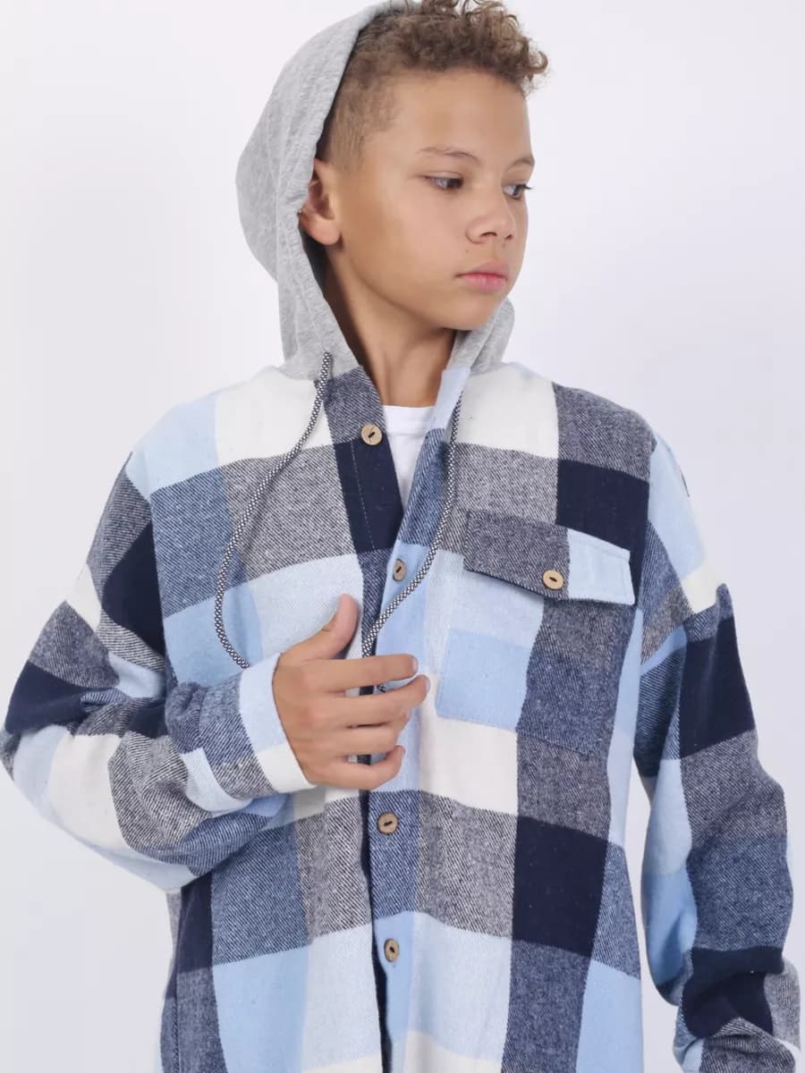 Рубашка в клетку теплая модная оверсайз с капюшоном