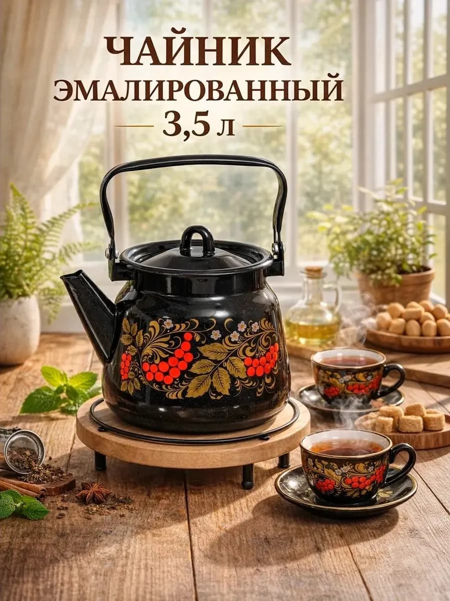 Чайник эмалированный для кухни "Рябинушка", 3,5 л