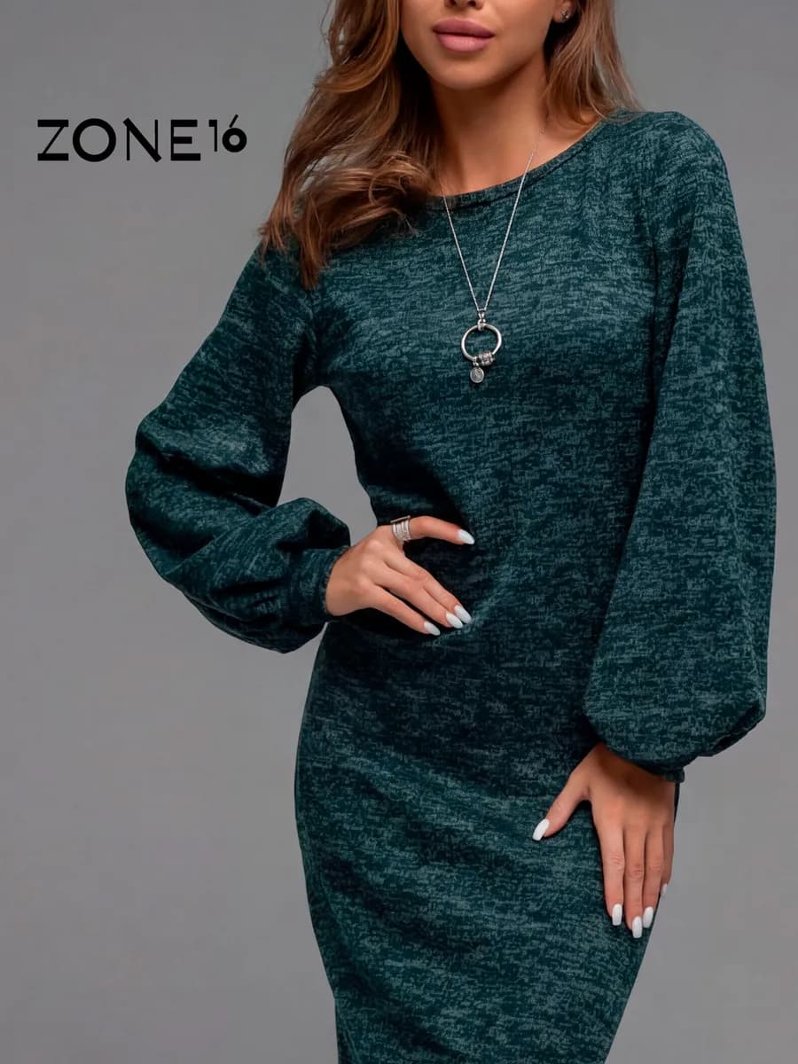 Платье миди трикотажное с рукавами фонариками