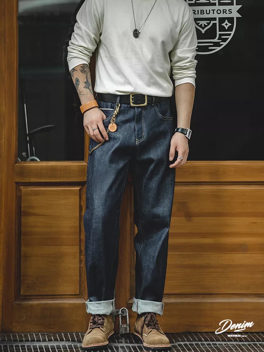 Джинсы широкие из плотного сырого селвидж денима