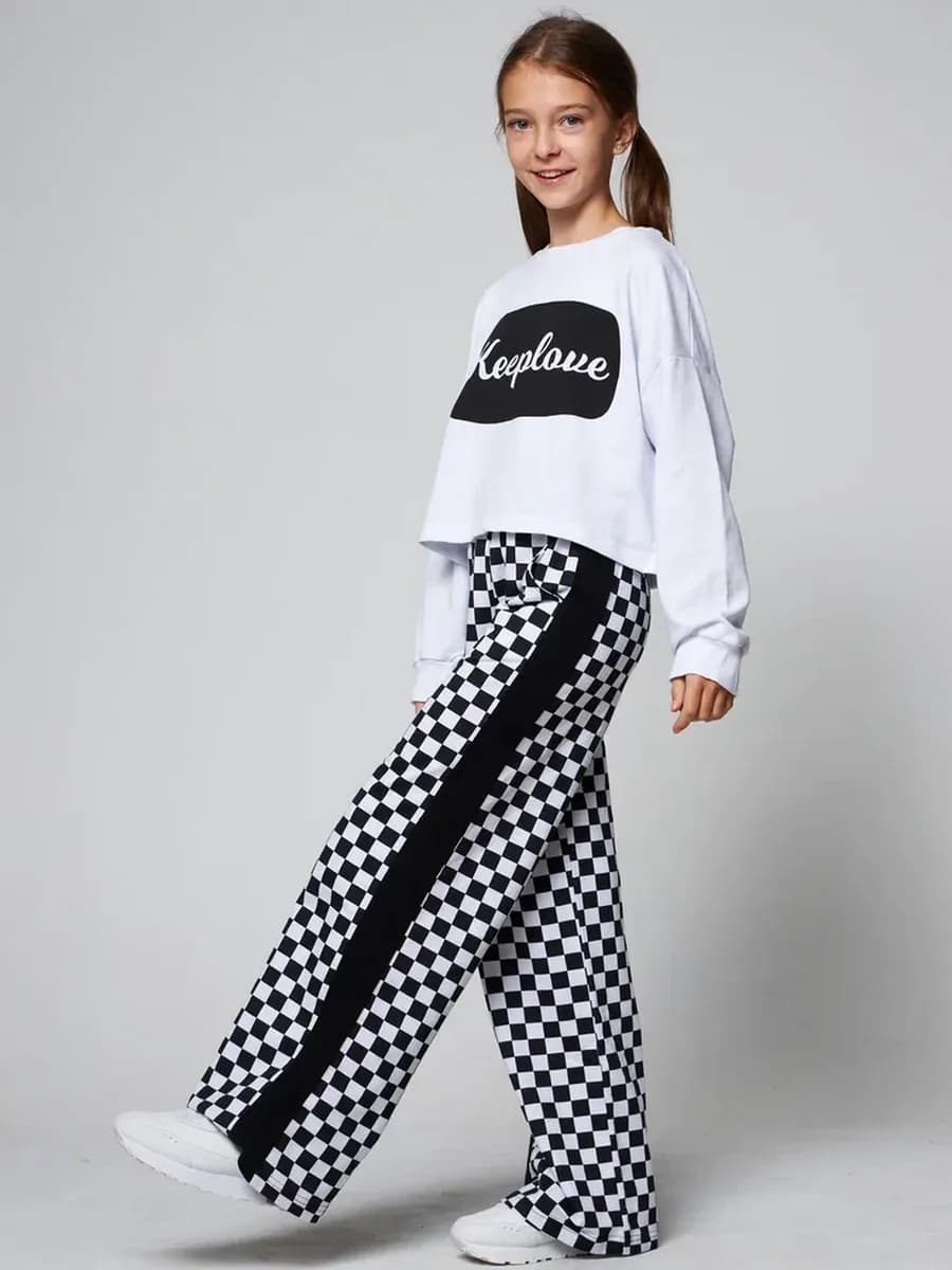 Костюм с брюками палаццо в клетку подростковый трикотаж