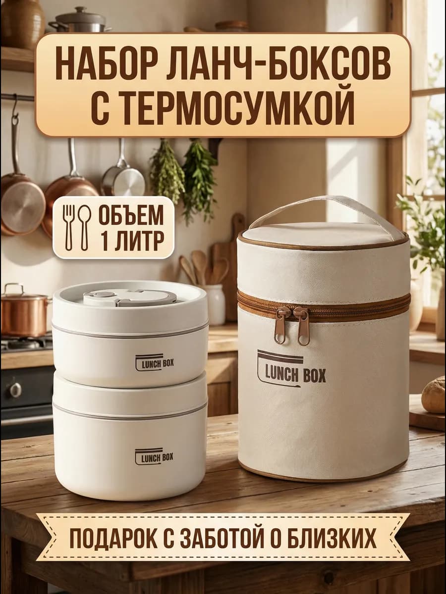 Ланч бокс металлический круглый для еды с термосумкой