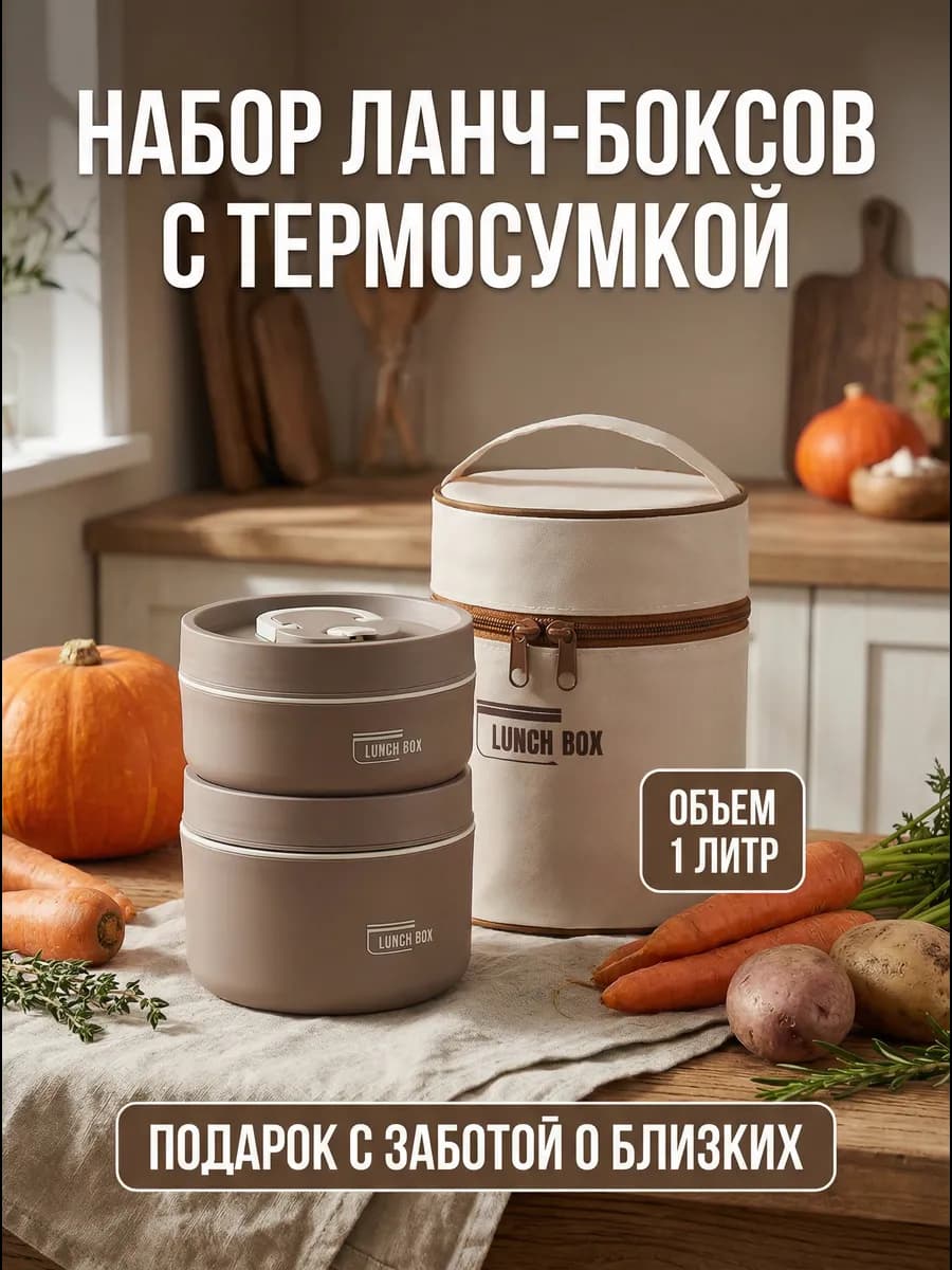 Ланч бокс металлический круглый для еды с термосумкой